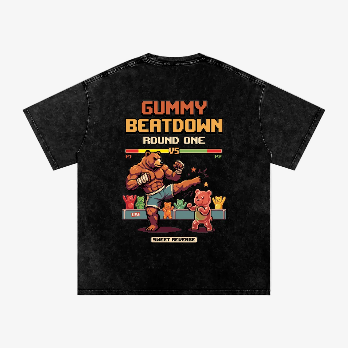A black acid-wash t-shirt featuring a retro video game-style graphic on the back. The graphic depicts a brown bear fighting a pink bear under the text 'GUMMY BEATDOWN ROUND ONE' and a health bar, with 'SWEET REMEMBER' printed below.