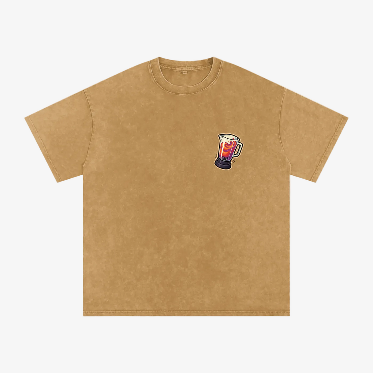 A tan short-sleeve crewneck t-shirt with a small graphic of a mug filled with red and white liquid on the left chest, displayed on a solid white background.