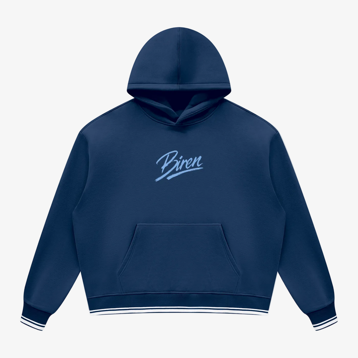 A navy blue pullover hoodie with a kangaroo pocket and a light blue cursive 'Biren' logo on the chest, featuring white and navy striped ribbed cuffs and hem, shown on a plain white background.