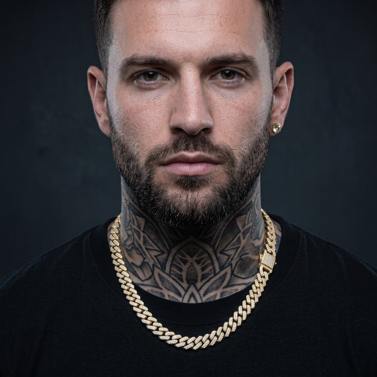 Man with tattoos wearing a 10mm gold iced out Cuban link chain