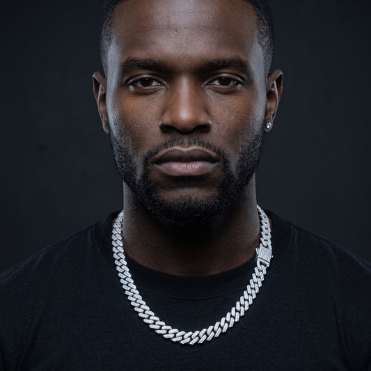 Man wearing a 10mm silver iced out Cuban link chain