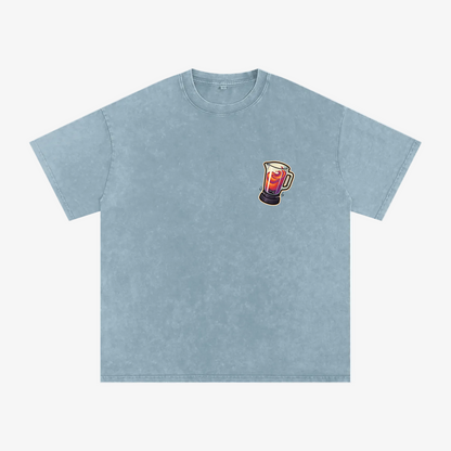 A dark gray acid-wash t-shirt featuring a cartoon graphic of a bear wearing a red cap and colorful sleeves, holding cash, on the left chest. The t-shirt is displayed flat against a solid white background.