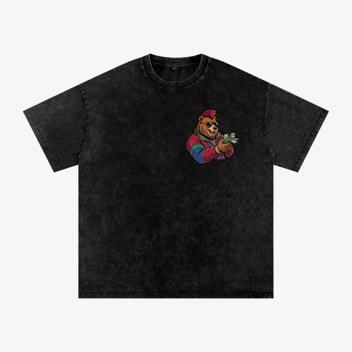 A black acid-wash short-sleeve t-shirt with a cartoon graphic of a bear wearing a red cap and blue jacket, holding cash, on the left chest, displayed on a solid white background.