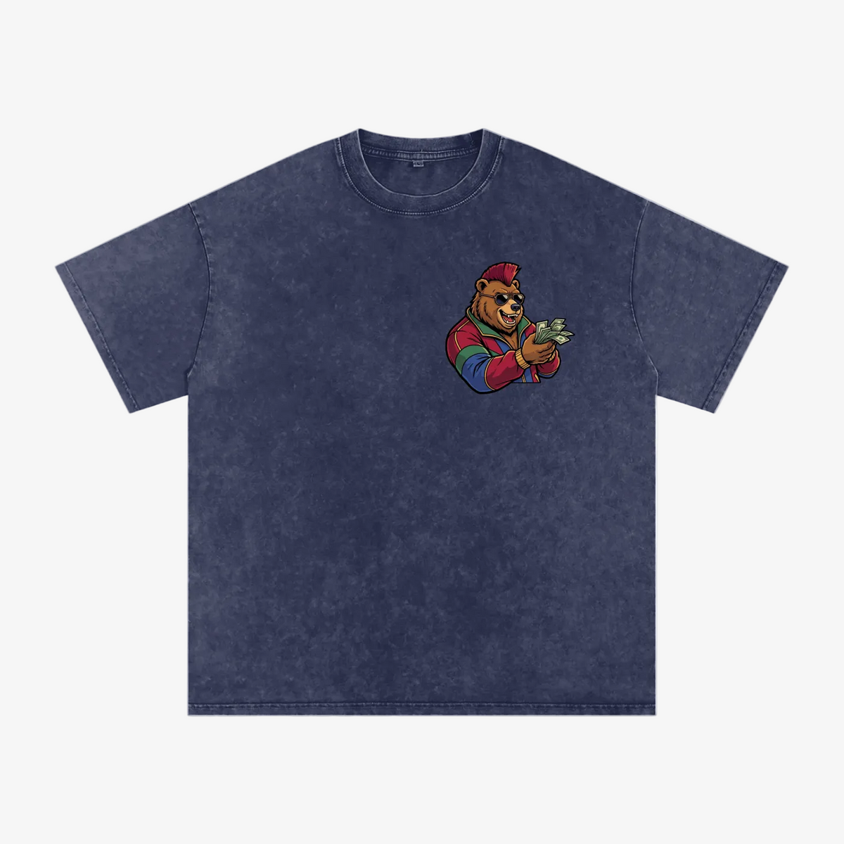 A dark blue acid-wash t-shirt featuring a cartoon graphic of a bear wearing a red cap and colorful striped sleeves, holding cash, on the left chest. The t-shirt is displayed flat against a solid white background.