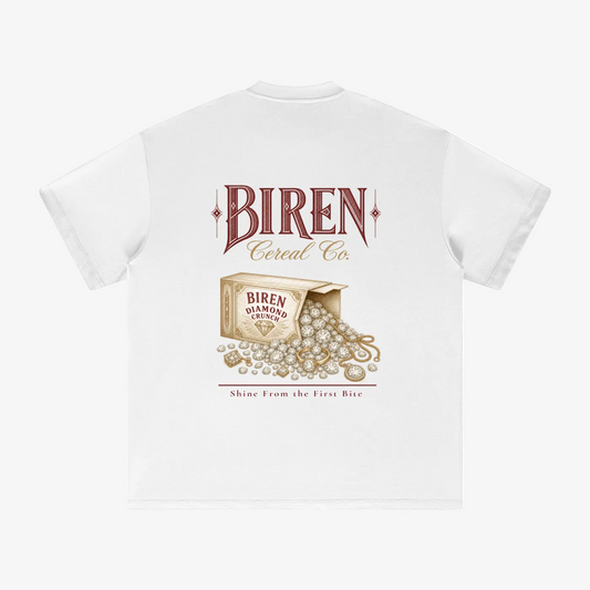 White short-sleeve T-shirt shown from the back, featuring a vintage-style graphic print with the text 'BIREN Cereal Co.' and an illustration of a cereal box spilling out gold coins and jewelry.