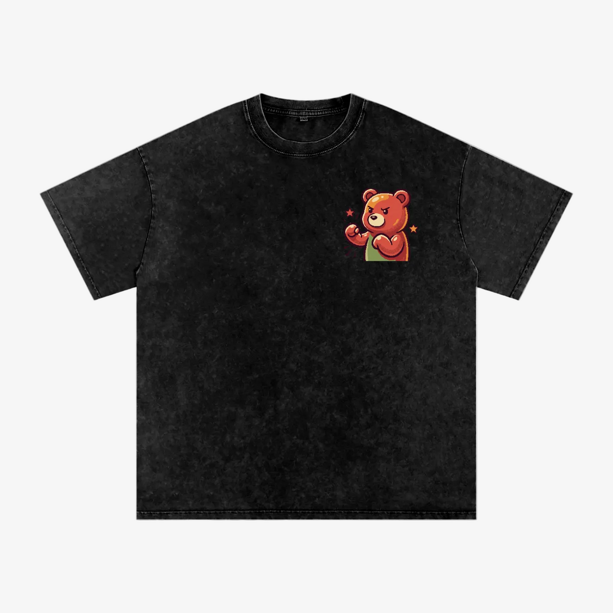 A black acid-wash short-sleeve t-shirt with a small cartoon teddy bear graphic on the left chest, displayed flat against a solid white background.