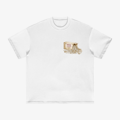 A white short-sleeve crewneck t-shirt with a small graphic on the left chest depicting a gold-colored box labeled with gold decorative swirls spilling out, shown against a plain white background.