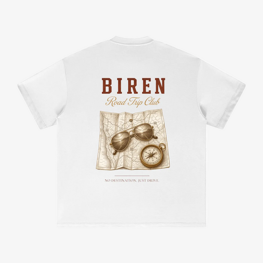 White short-sleeve T-shirt shown from the back, featuring a vintage-style graphic with the text 'BIREN Road Trip Club' above a map, sunglasses, and compass illustration.