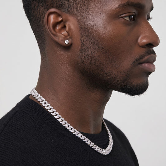 Side view of a man wearing an 8mm silver iced out Cuban link chain
