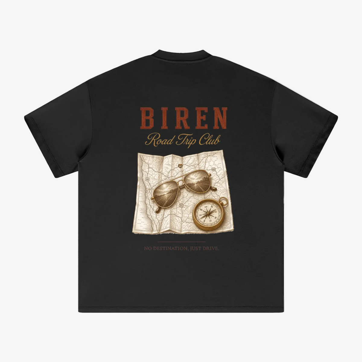 A black short-sleeve t-shirt shown from the back, featuring a graphic print with the text 'BIREN Road Trip Club' above an illustration of a vintage map, sunglasses, a compass, and the phrase 'NO DESTINATION, JUST DRIVE.'.