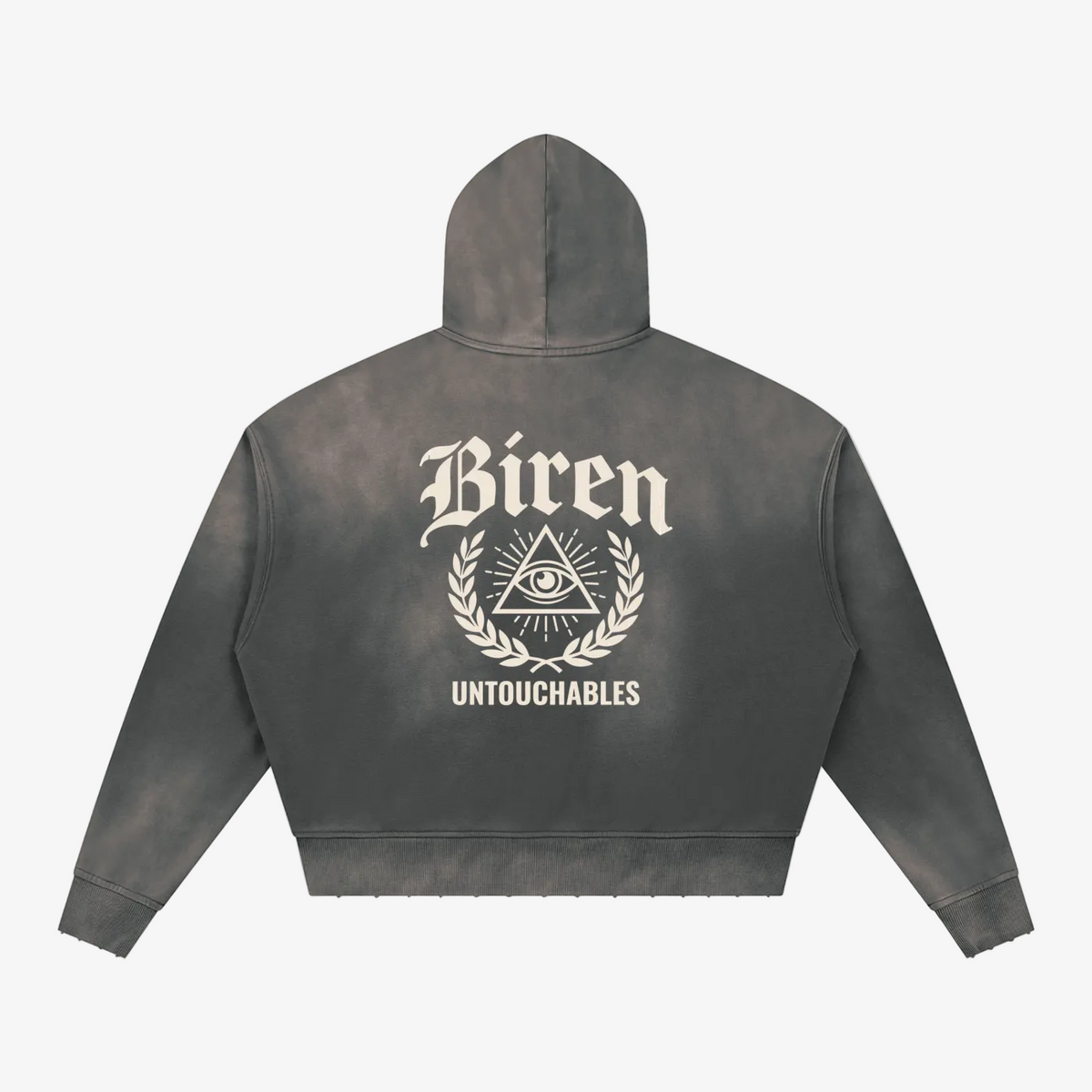 A dark gray acid-wash cropped hoodie shown from the back, featuring a distressed cream graphic with the word 'Biren', an all-seeing eye inside a triangle, laurel branches, and the word 'UNTOUCHABLES'.