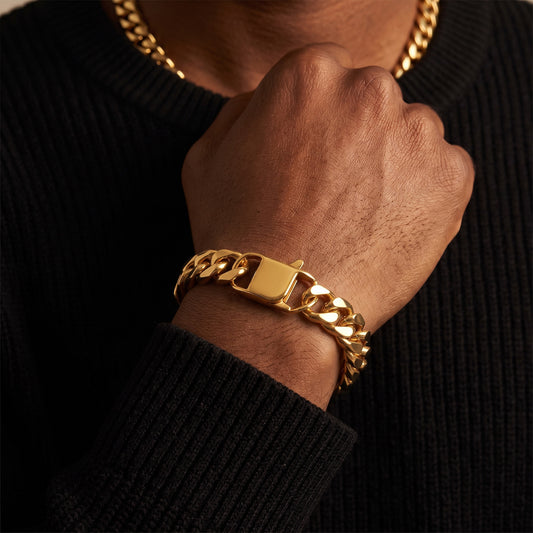 13mm gold Cuban link bracelet worn with a black shirt