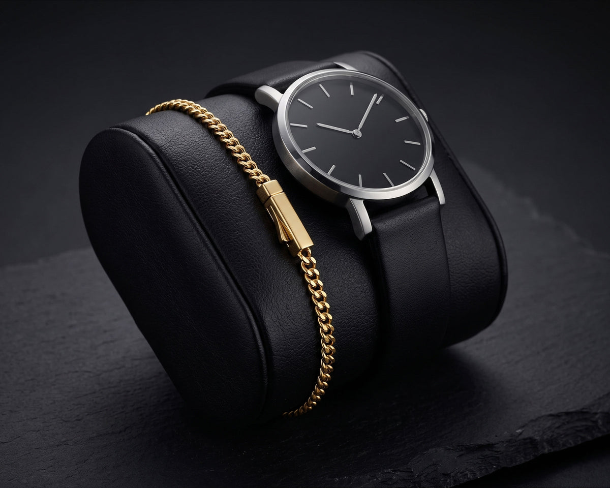 Gold 3mm curb chain bracelet next to a black-dial watch on a black leather watch cushion