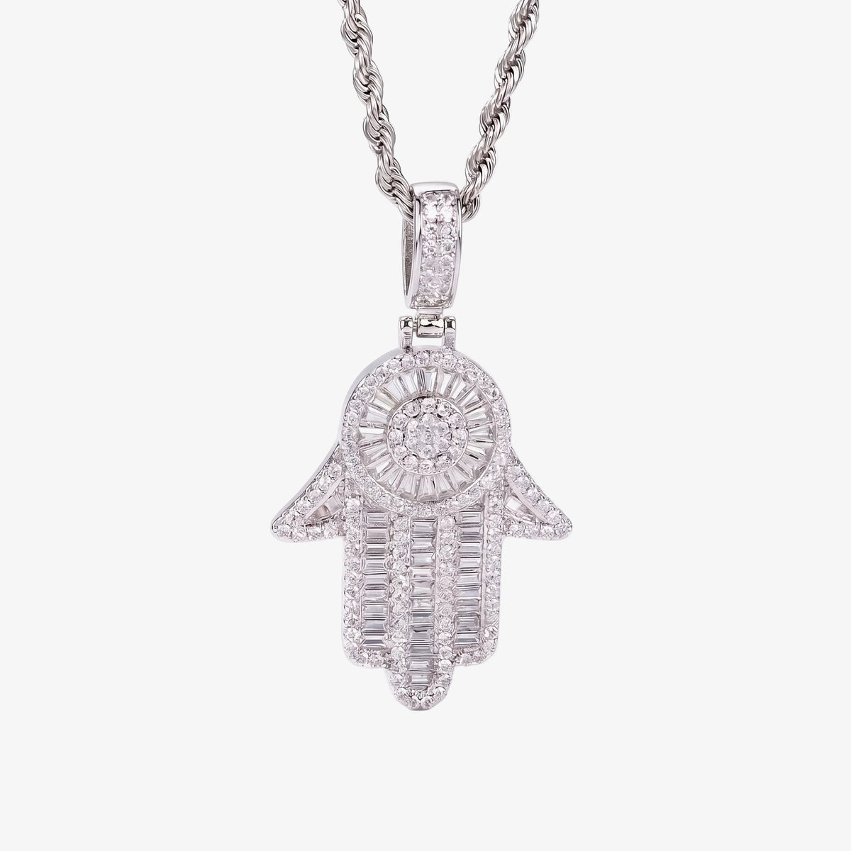 Men's silver iced out Hamsa pendant necklace on a rope chain