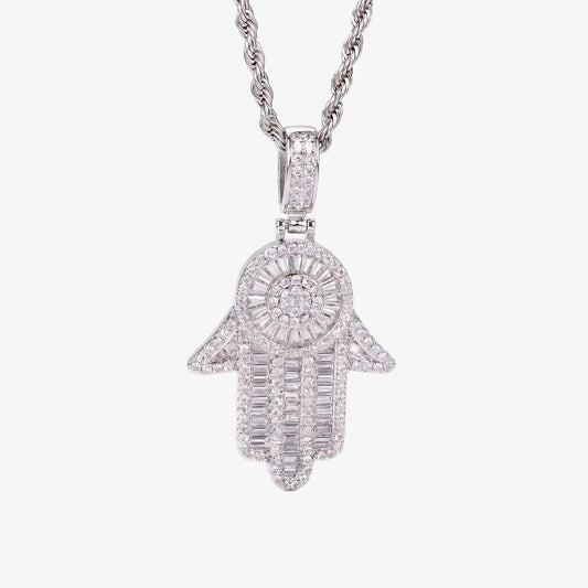 Men's silver iced out Hamsa pendant necklace on a rope chain