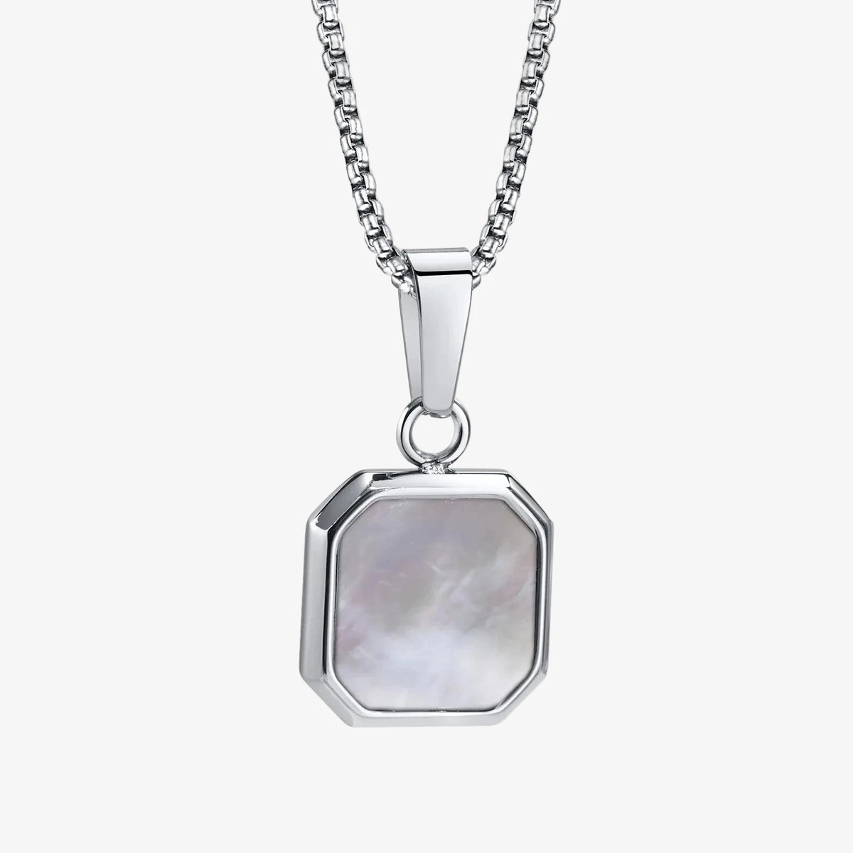 Silver necklace with a hexagonal pendant on a white background