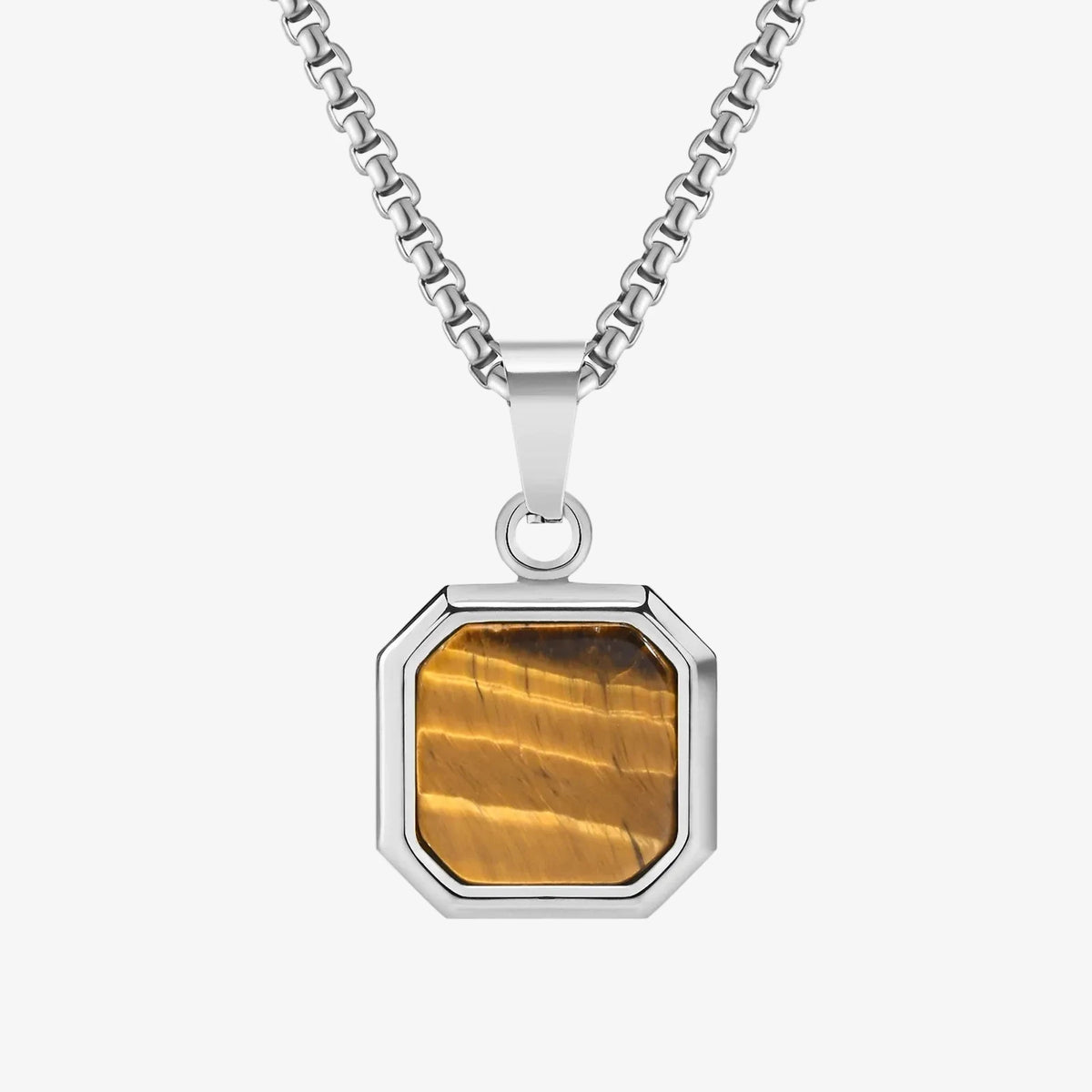 Silver necklace with a tiger's eye pendant on a white background