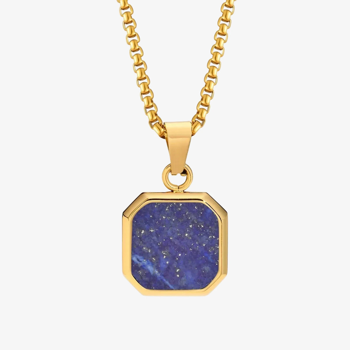 Gold necklace with a blue stone pendant on a white background