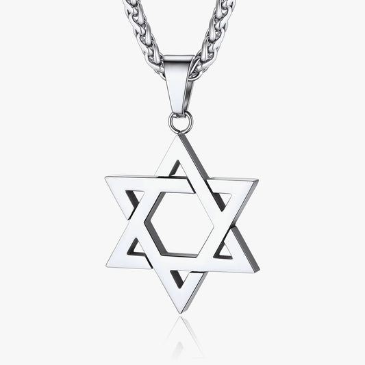 Men's silver Star of David pendant necklace in stainless steel on a wheat chain