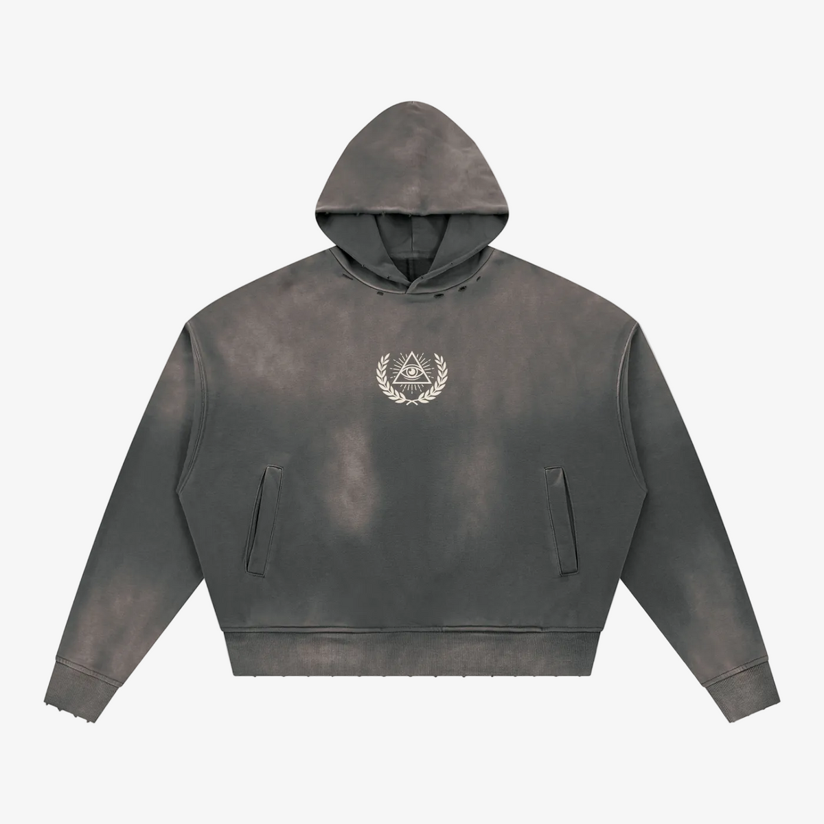 A dark gray acid-wash cropped hoodie with a faded, distressed texture, featuring a front kangaroo pocket and ribbed cuffs and hem, shown against a plain white background.