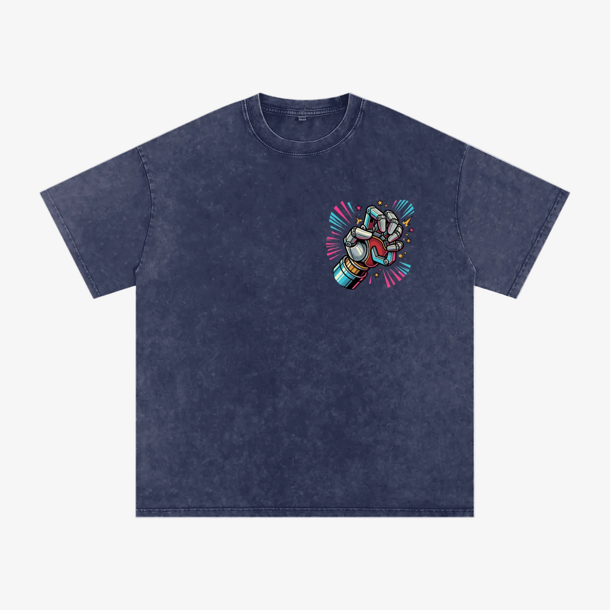 A black acid-wash short-sleeve t-shirt with a small graphic print on the left chest showing a woman with sunglasses and the text 'BLACK LADY BOTTLE'.