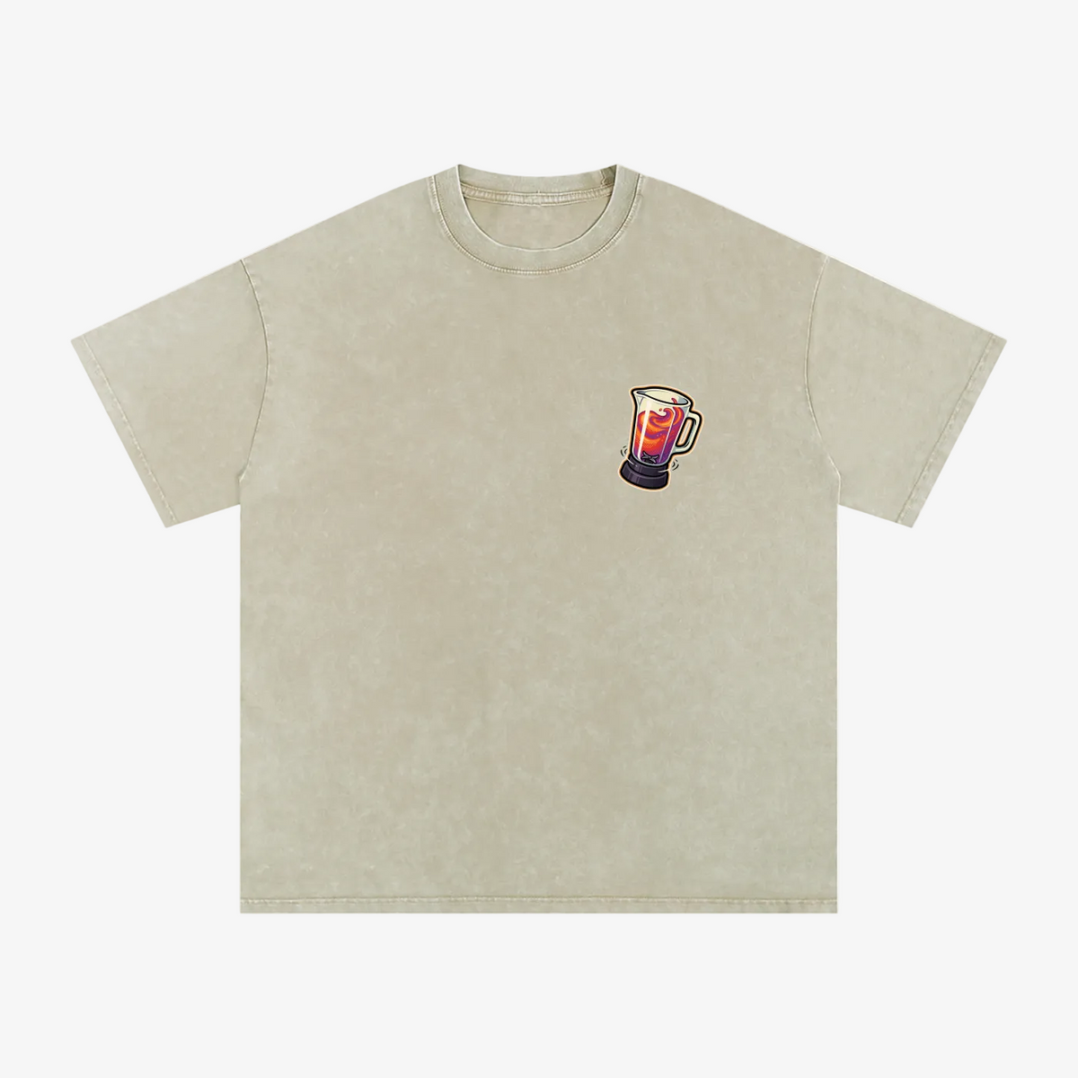 A light beige acid-wash t-shirt with a small graphic of a beer mug on the left chest, displayed flat against a solid white background.