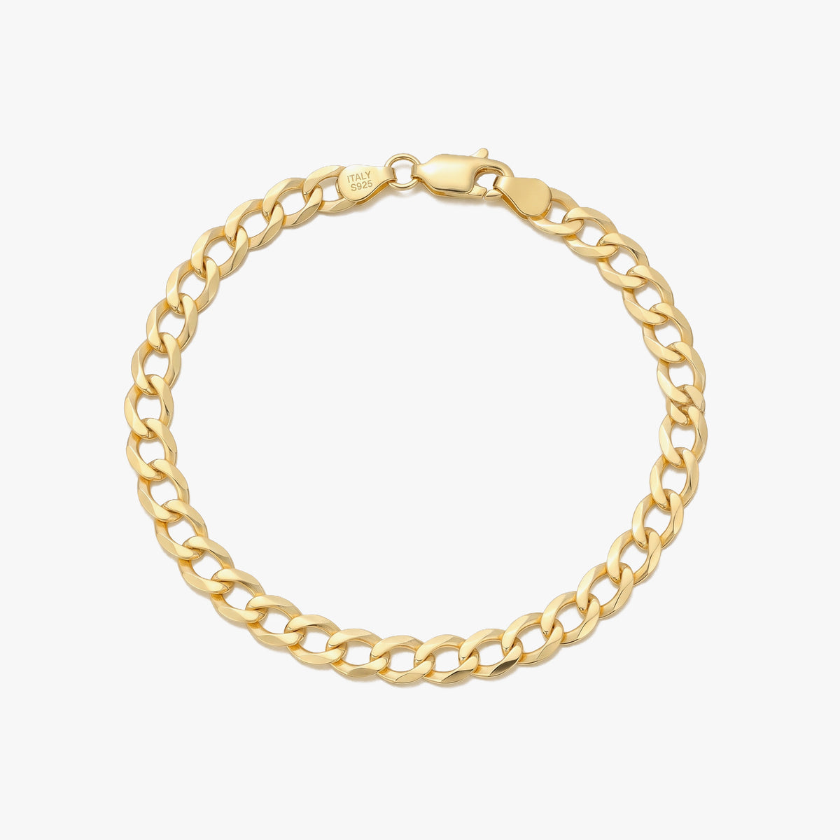 A gold-toned Cuban link chain bracelet with a lobster clasp, shown on a clean white background.