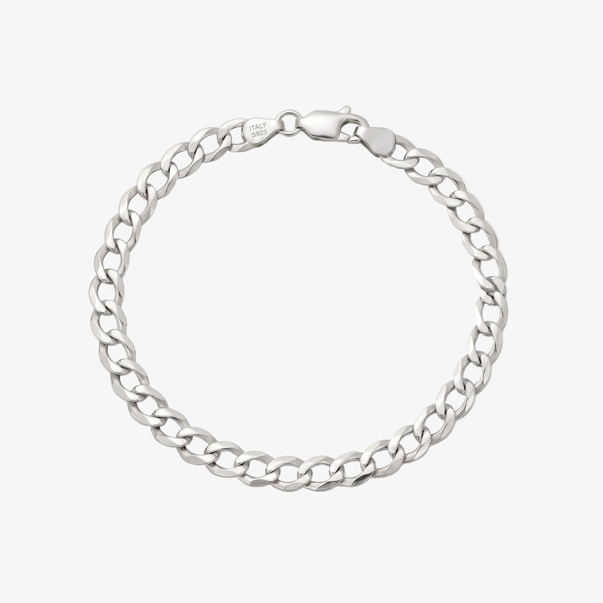 A silver-toned Cuban link chain bracelet with a lobster clasp, displayed on a clean light gray background.