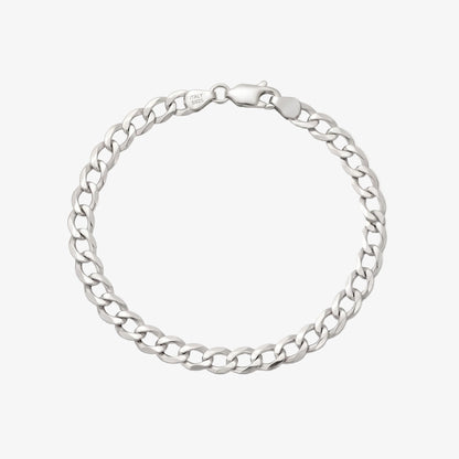 A silver-toned Cuban link chain bracelet with a lobster clasp, displayed on a clean light gray background.