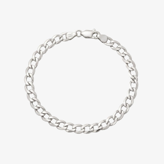 A silver-toned Cuban link chain bracelet with a lobster clasp, displayed on a clean light gray background.