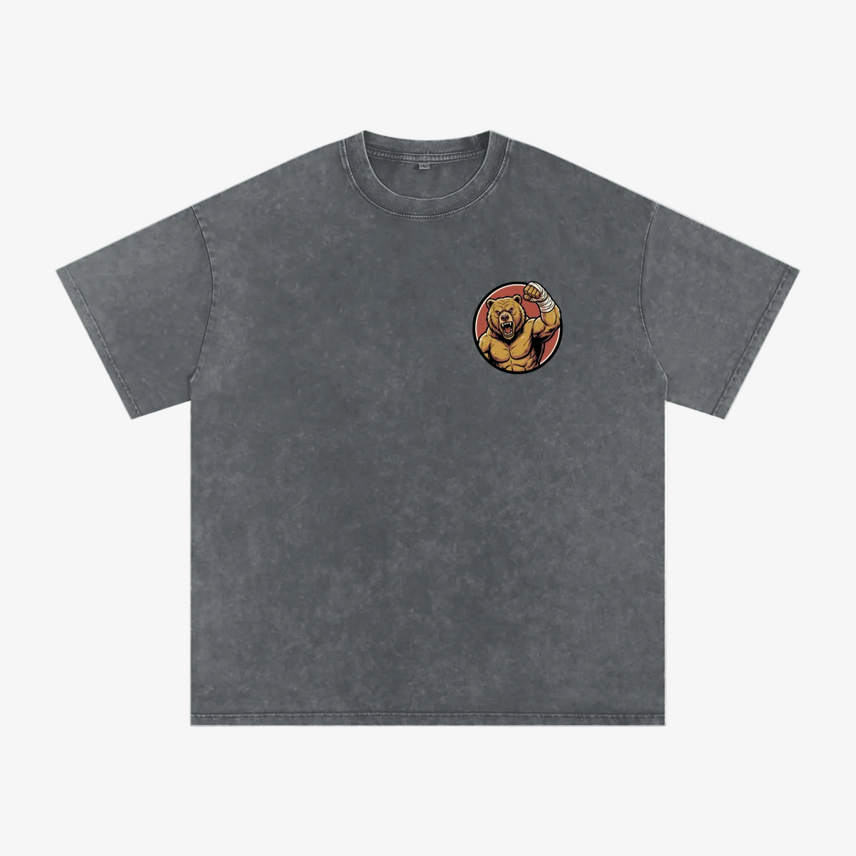 A dark gray acid-wash t-shirt with a small circular graphic on the left chest showing a muscular golden bear flexing, set against a plain white background.