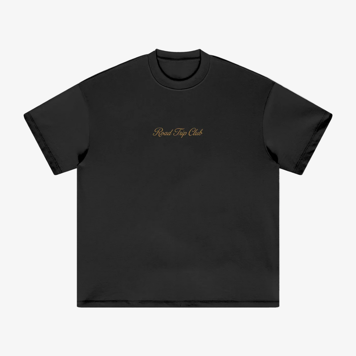 Black t-shirt with a small white logo on a white background