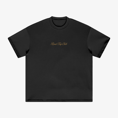 Black t-shirt with a small white logo on a white background