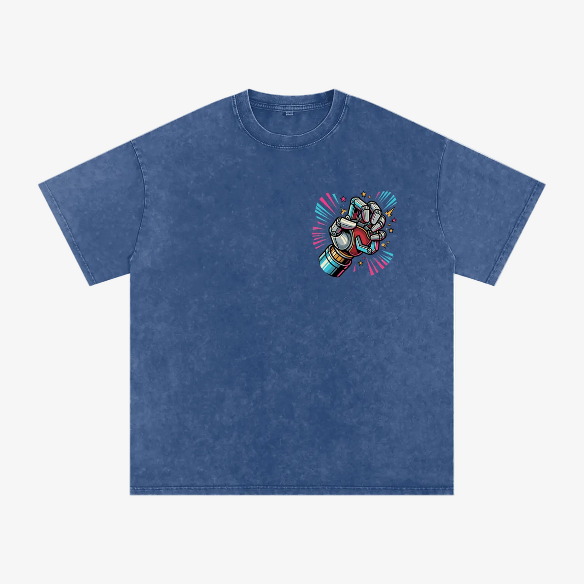 A blue acid-wash t-shirt with a colorful graphic of a fist wrapped in tape on the left chest, displayed on a solid white background.