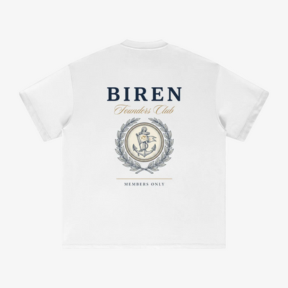 White short-sleeve t-shirt shown from the back, featuring a navy blue 'BIREN' logo, gold 'Founders Club' text, and a detailed gray anchor emblem inside a laurel wreath with 'Members Only' printed below.