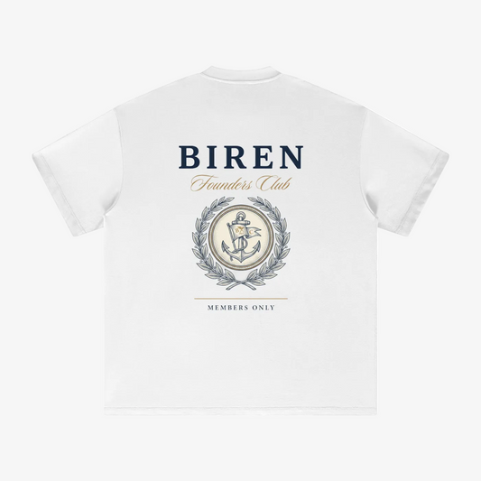 White short-sleeve t-shirt shown from the back, featuring a navy blue 'BIREN' logo, gold 'Founders Club' text, and a detailed gray anchor emblem inside a laurel wreath with 'Members Only' printed below.
