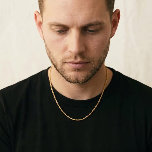 3mm gold rope chain necklace worn with a black t-shirt