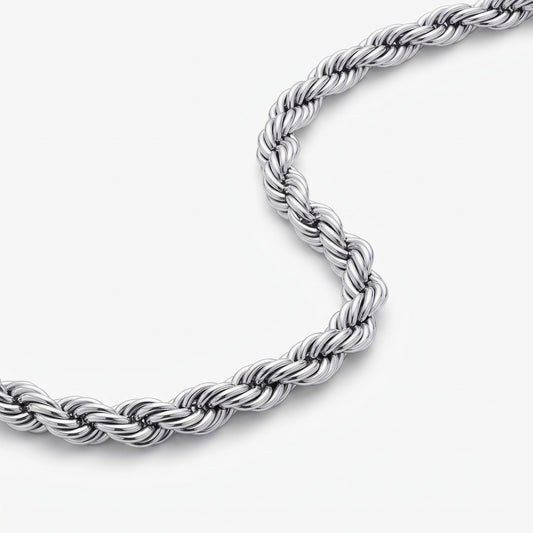 Close-up of a men's 6mm silver rope chain necklace